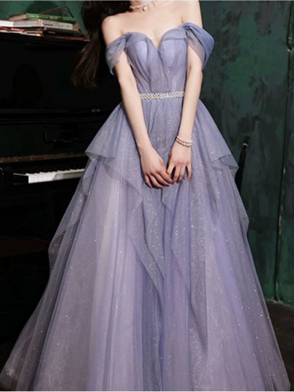 Off-Shoulder Lavender Sparkle Ball Gown Dress